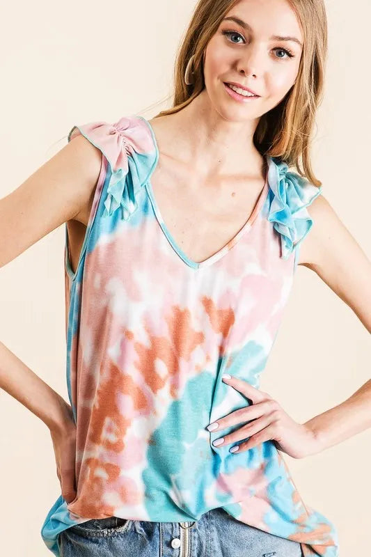Image of BiBi Circular Tie Dye Knit V Neck Top With Ruffle | Queeble.shop