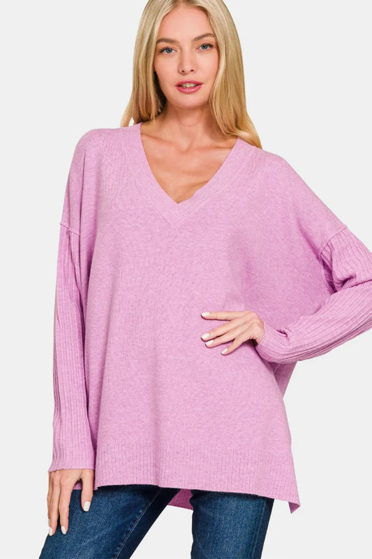 Image of Zenana V-Neck Side Slit High-Low Sweater | Queeble.shop
