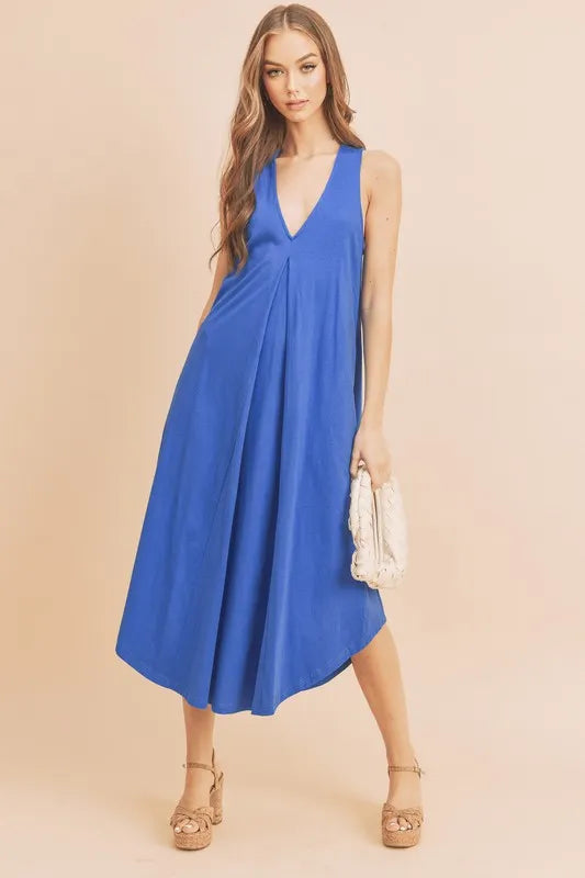 Image of Aemi + Co Front Pleat Detail V-Neck Sleeveless Midi Dress | Queeble.shop