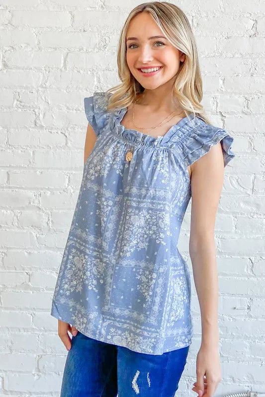 Image of And The Why Boho Print Ruffle Baby Doll Tank Top | Queeble.shop