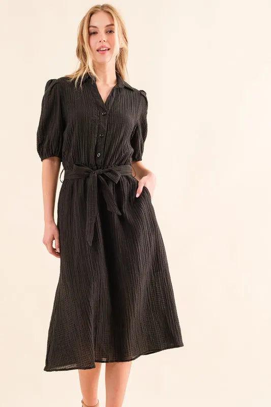 Image of And The Why Waffle Textured Ribbon Waist Midi Dress | Queeble.shop