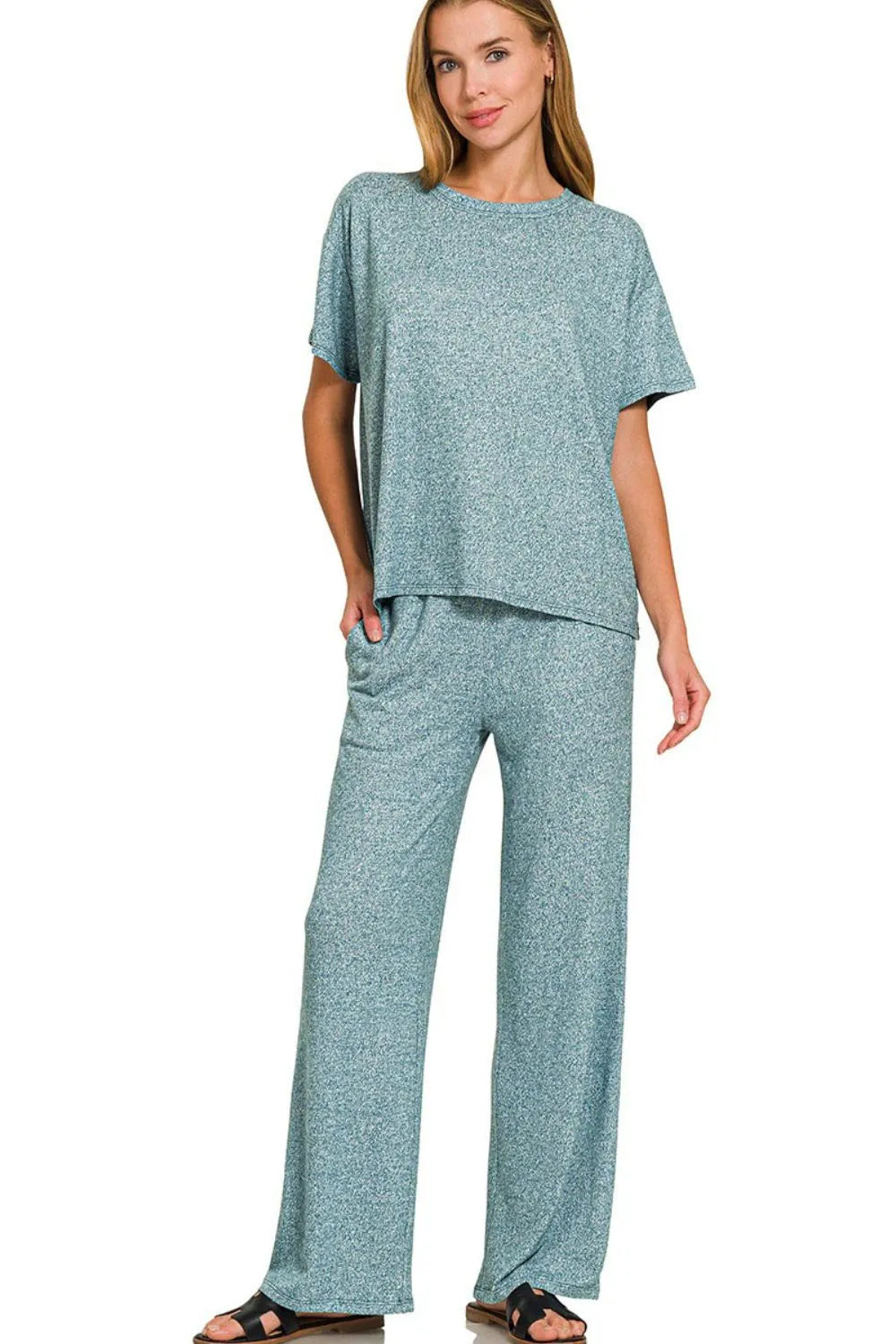 Image of Zenana Soft Melange Short Sleeve Tee & Long Pants Set | Queeble.shop