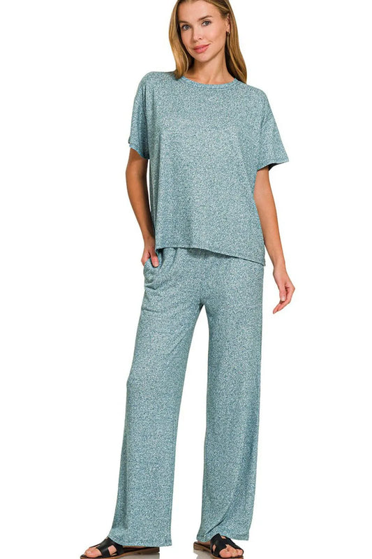 Image of Zenana Soft Melange Short Sleeve Tee & Long Pants Set | Queeble.shop