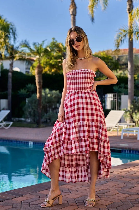 Image of BiBi Smocked Body Off Shoulder Check Dress | Queeble.shop