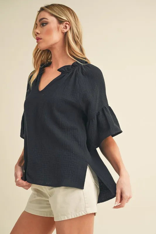Image of Aemi + Co Side Slit Notched Ruffled Half Sleeve Blouse | Queeble.shop