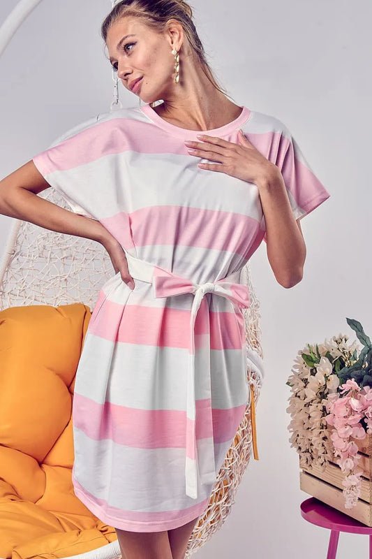 Image of BiBi Tie Front Striped Short Sleeve Dress | Queeble.shop