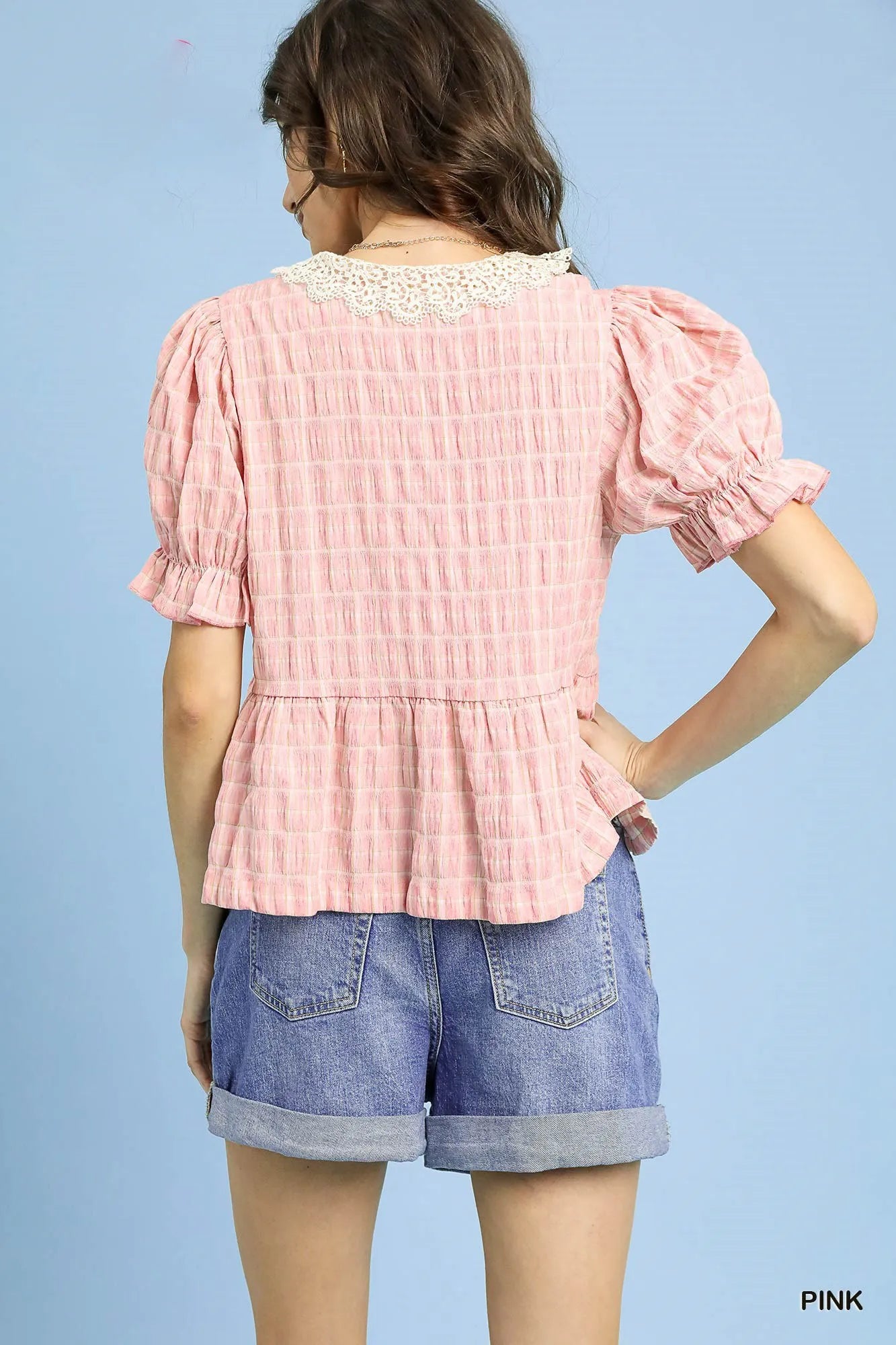 Image of Umgee Short Sleeve Gingham Lace Peplum Blouse | Queeble.shop