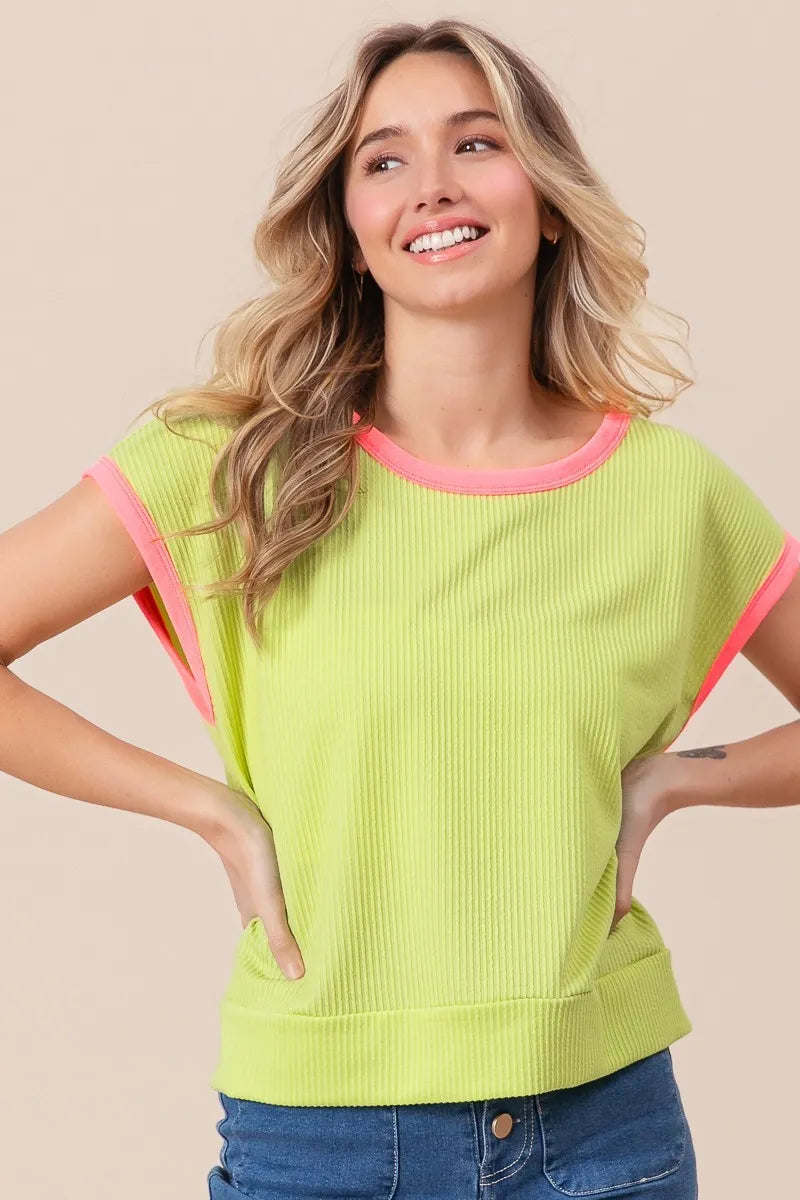 Image of BiBi Cord Rib Knit Contrast Banded Top | Queeble.shop