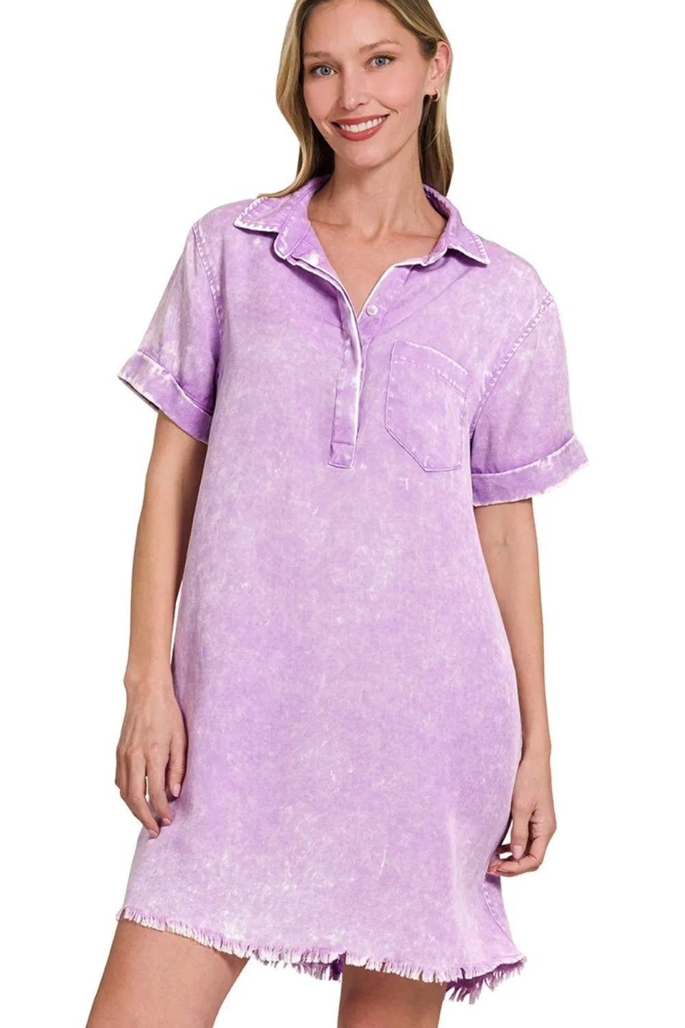 Image of Zenana Tencel Mineral Washed Collared Shirts Dress | Queeble.shop