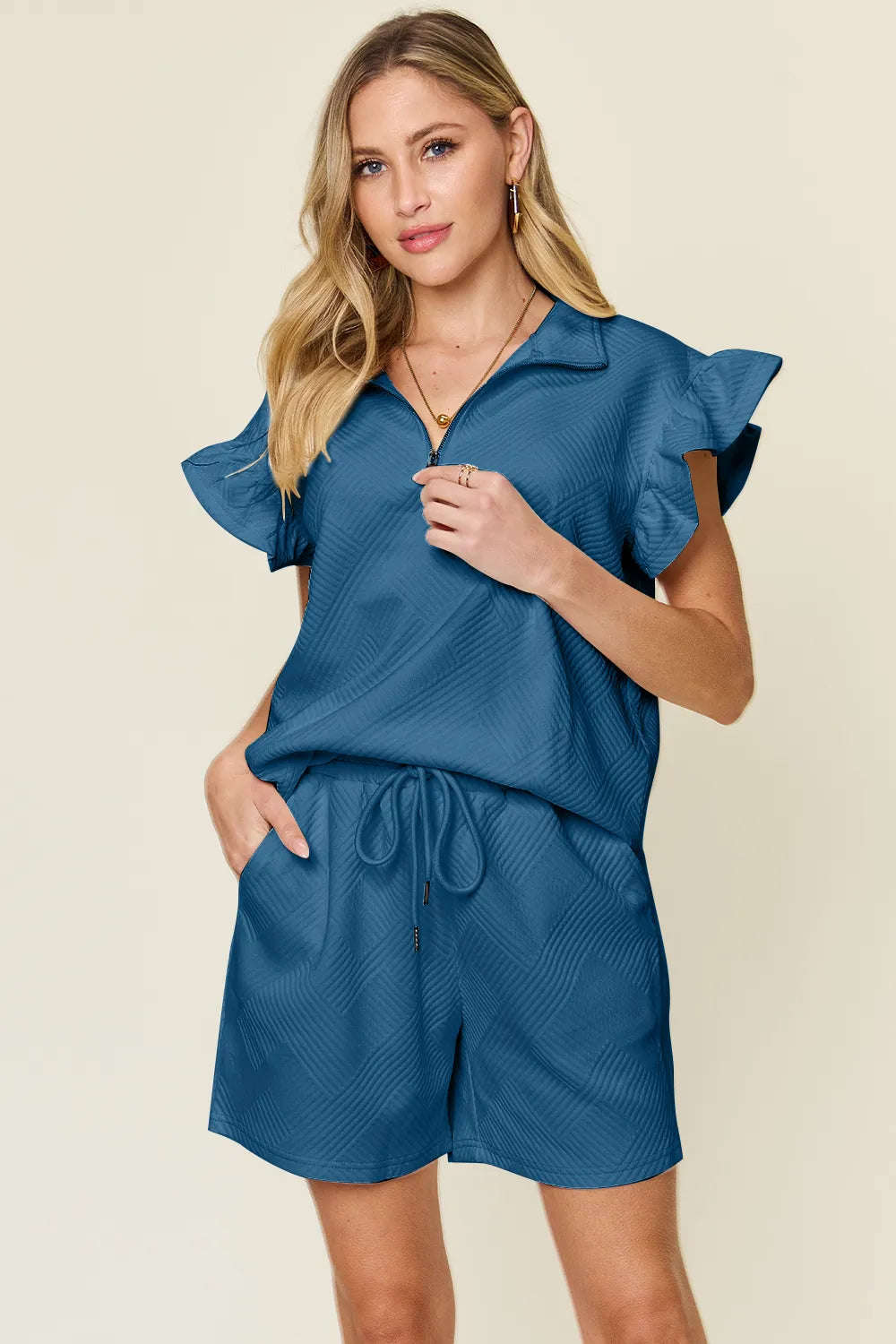Image of Double Take Full Size Texture Flounce Sleeve Top and Drawstring Shorts Set | Queeble.shop