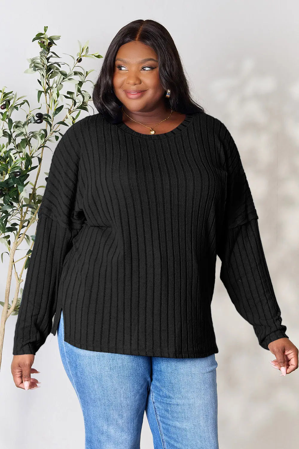 Image of Basic Bae Full Size Ribbed Round Neck Slit Knit Top | Queeble.shop