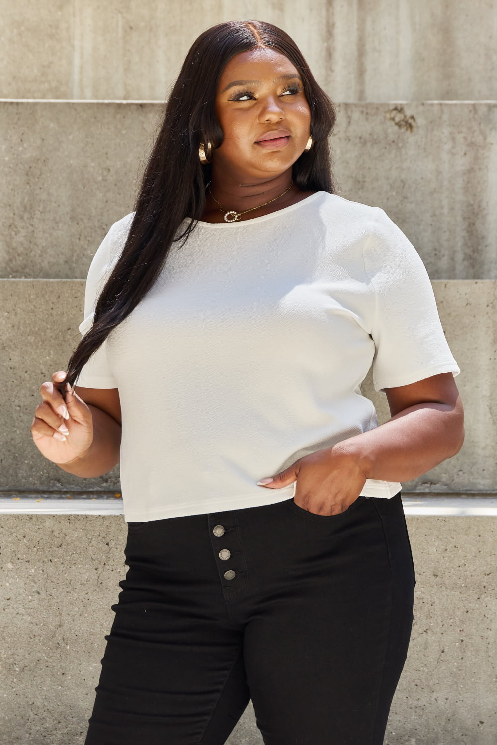 Image of And The Why Pearly White Full Size Criss Cross Pearl Detail Open Back T-Shirt | Queeble.shop