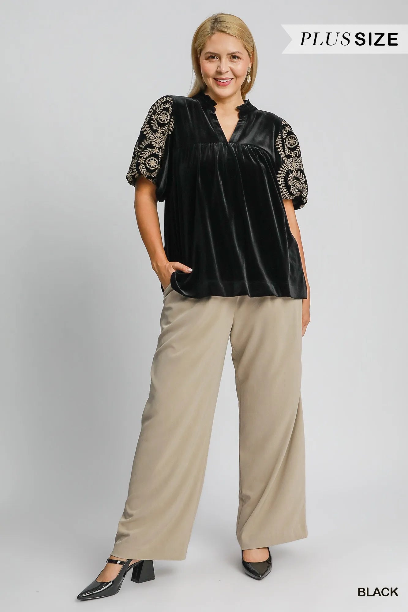 Image of Umgee Full Size Velvet Embroidered Sleeve Blouse Plus Size | Queeble.shop