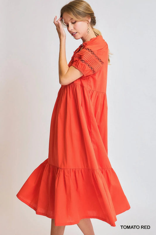 Image of Umgee Short Sleeve Lace-Trim Ruffled Midi Dress | Queeble.shop