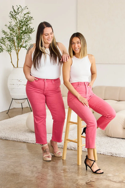 Image of RFM Crop Dylan Full Size Tummy Control High Waist Raw Hem Jeans | Queeble.shop