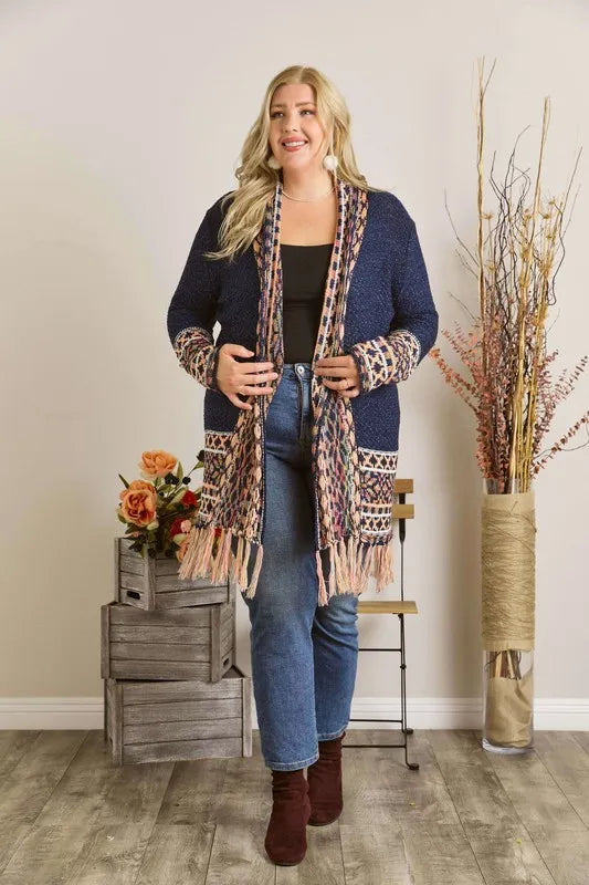 Image of ADORA Full Size Fringe Hem Aztec Border Cardigan Plus Size | Queeble.shop
