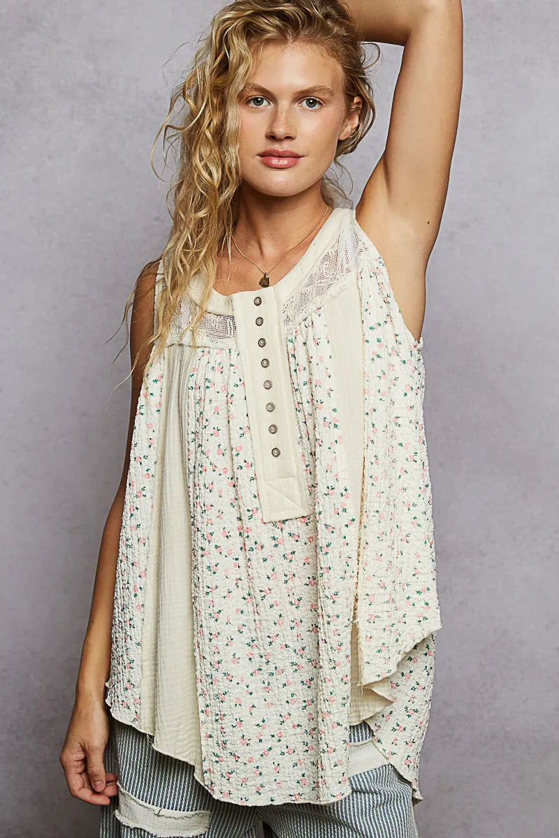 Image of POL Floral Print Button-Front Lace Patchwork Tank Top | Queeble.shop