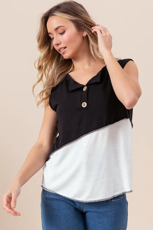 Image of BiBi Color Block Contrast Stitching Buttoned Henley Top | Queeble.shop