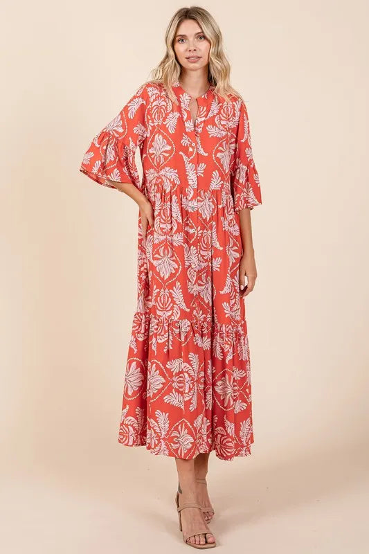 Image of Mittoshop Abstract Leaf Print Tiered Ruffle Dress | Queeble.shop