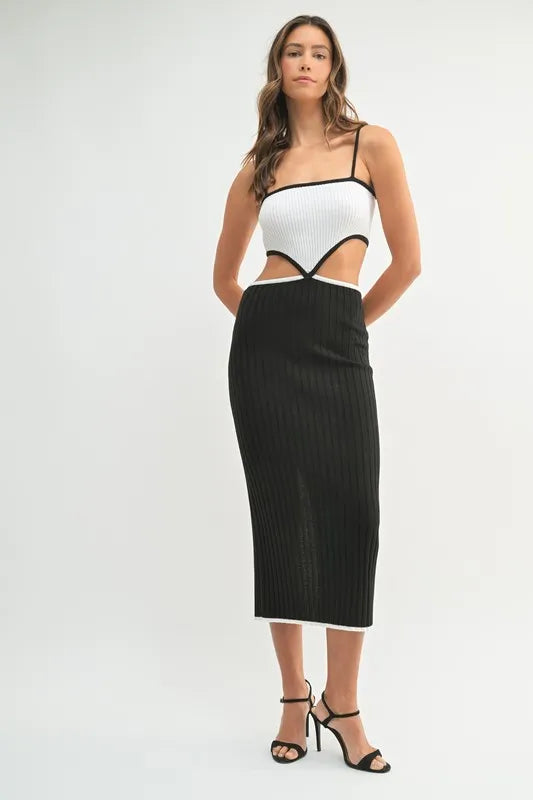 Image of MABLE Ribbed Knit Color Block Cutout Midi Dress | Queeble.shop