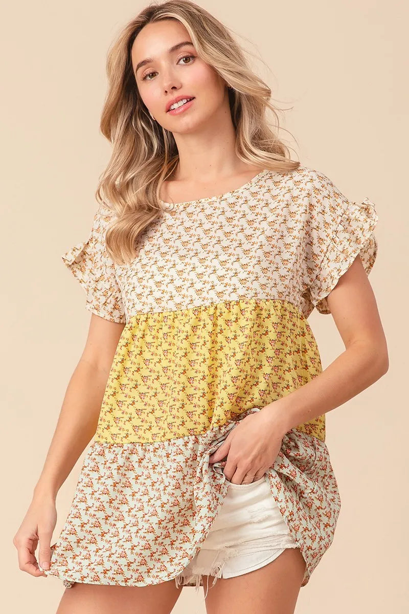 Image of BiBi Flroal Printed Woven Color Block and Tiered Top | Queeble.shop