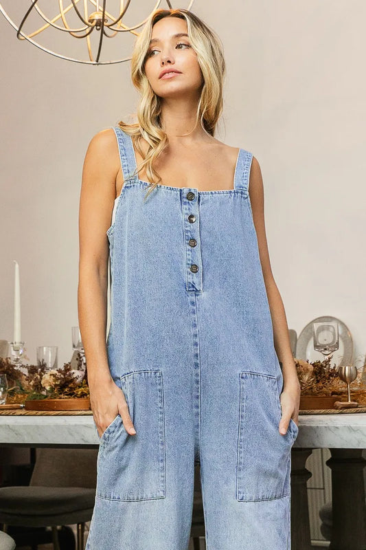 Image of BiBi Washed Denim Buttoned Overall Jumpsuit | Queeble.shop