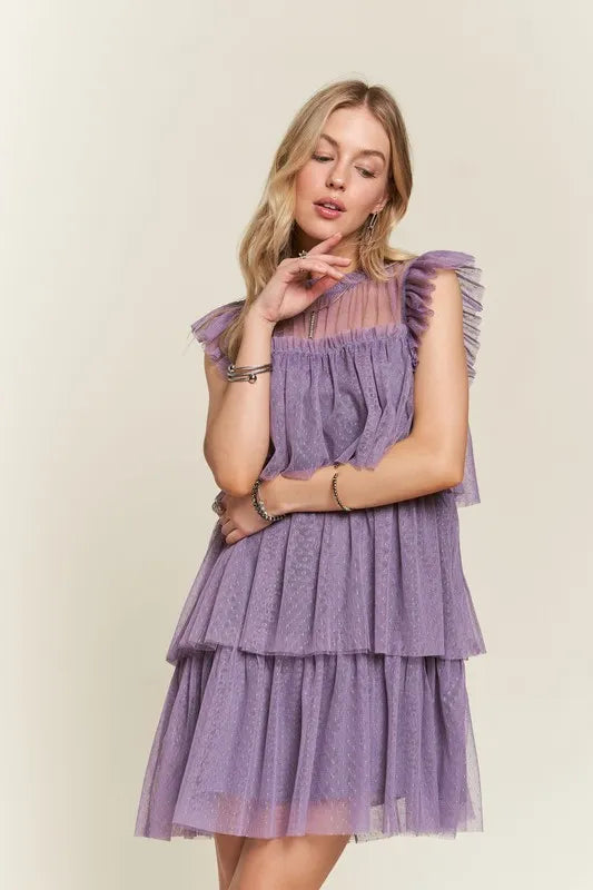 Image of ADORA Layered Ruffled Cap Sleeve Mesh Dress | Queeble.shop