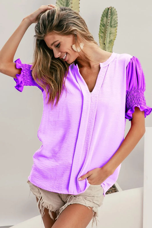 Image of BiBi Air Flow Color Block Puff Sleeves V Neck Top | Queeble.shop