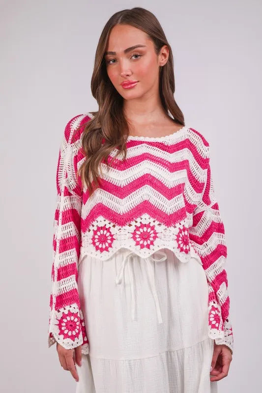 Image of VERY J Chevron/Floral Pattern Crochet Knit Top | Queeble.shop