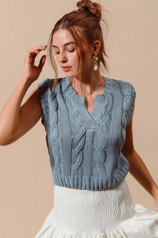Image of SO ME Notched Neck Cable Knit Sweater Vest | Queeble.shop