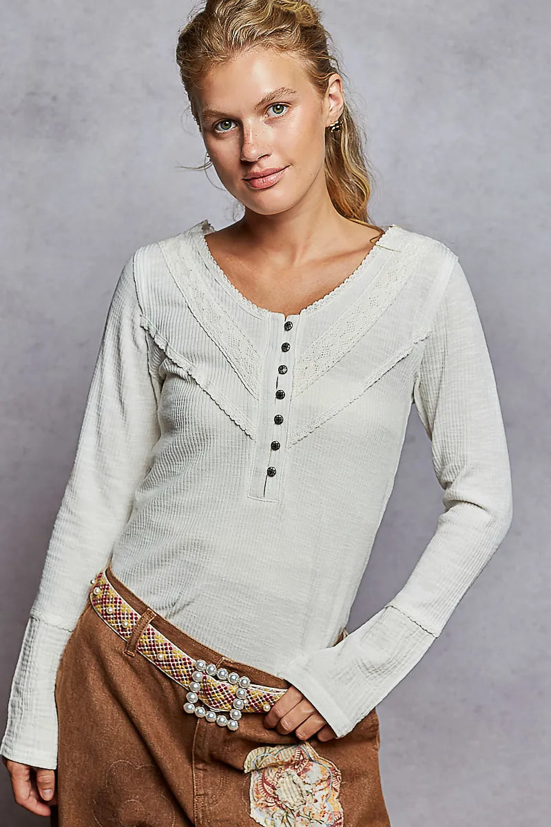 Image of POL Ribbed Half Button Lace Detail Knit Top | Queeble.shop