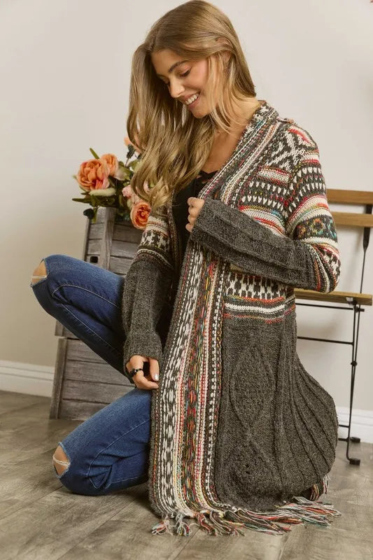 Image of ADORA Full Size Fringe Hem Aztec Cardigan Plus Size | Queeble.shop