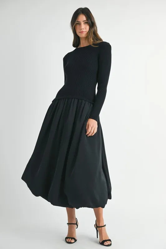 Image of MABLE Ribbed Poplin Mix Midi Sweater Dress | Queeble.shop