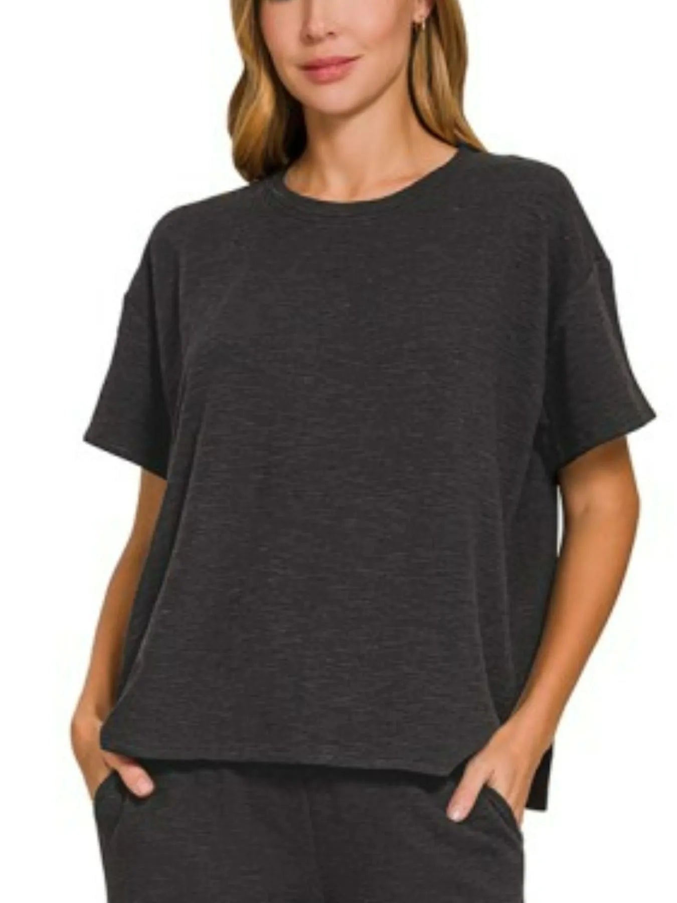 Image of Zenana Slub Short Sleeve T-Shirt and Pants Set | Queeble.shop