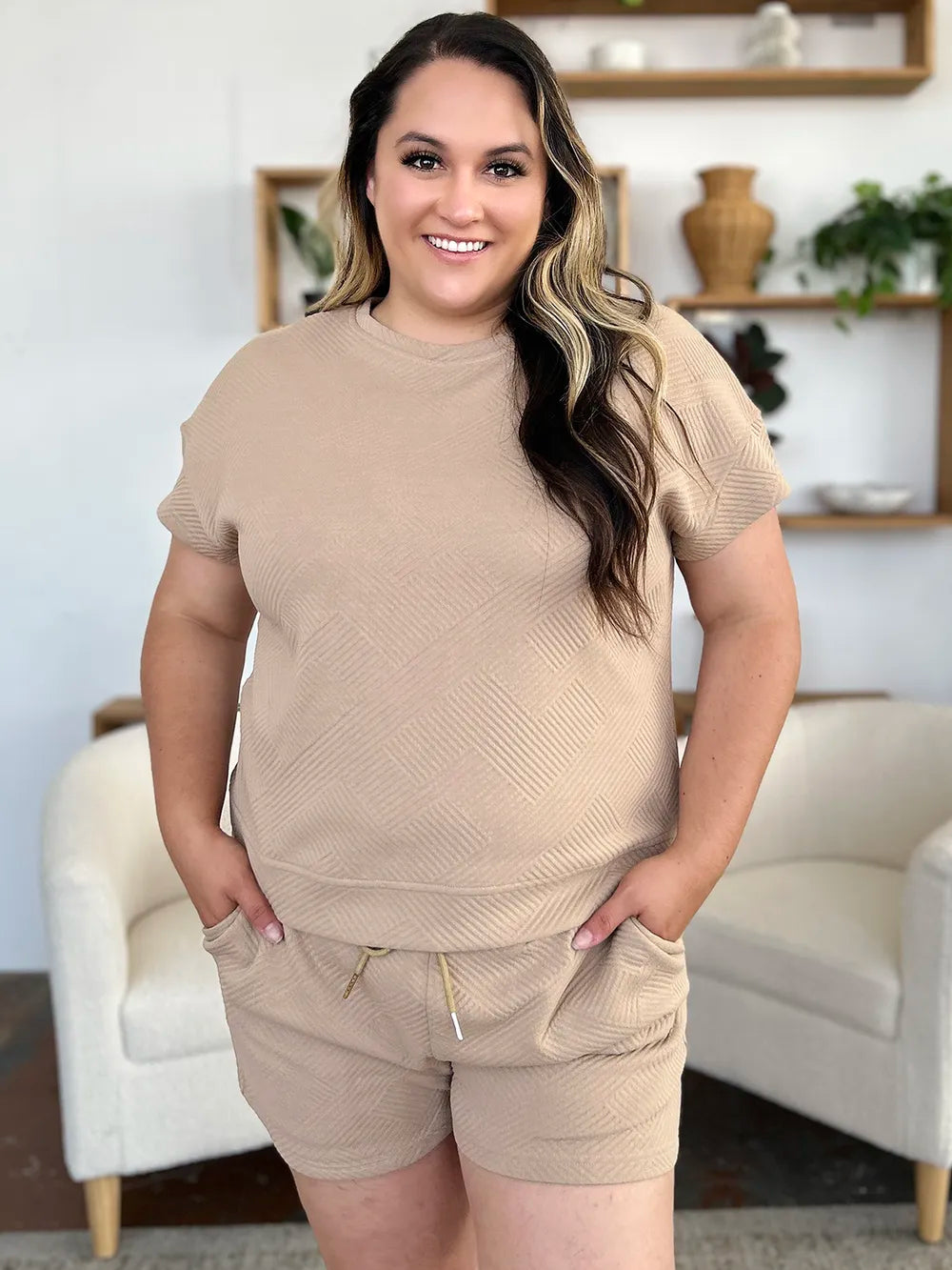 Image of Double Take Full Size Texture Short Sleeve T-Shirt and Drawstring Shorts Set | Queeble.shop