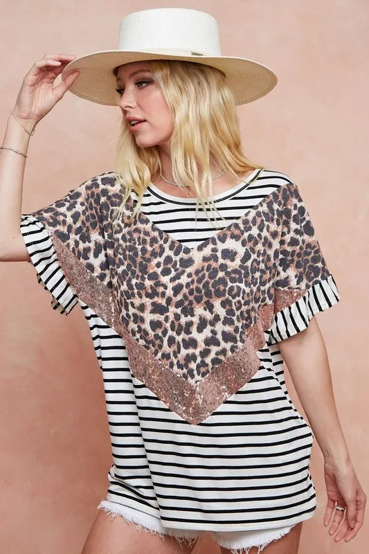 Image of BiBi Stripe Rayon Span Knit Color Block Top With Leopard | Queeble.shop
