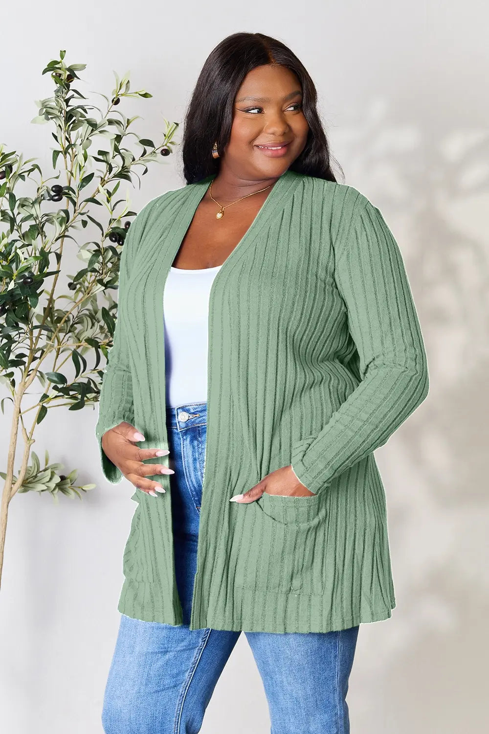 Image of Basic Bae Full Size Ribbed Open Front Cardigan with Pockets | Queeble.shop