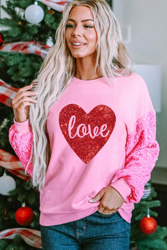 Image of LOVE Heart Sequin Dropped Shoulder Sweatshirt | Queeble.shop