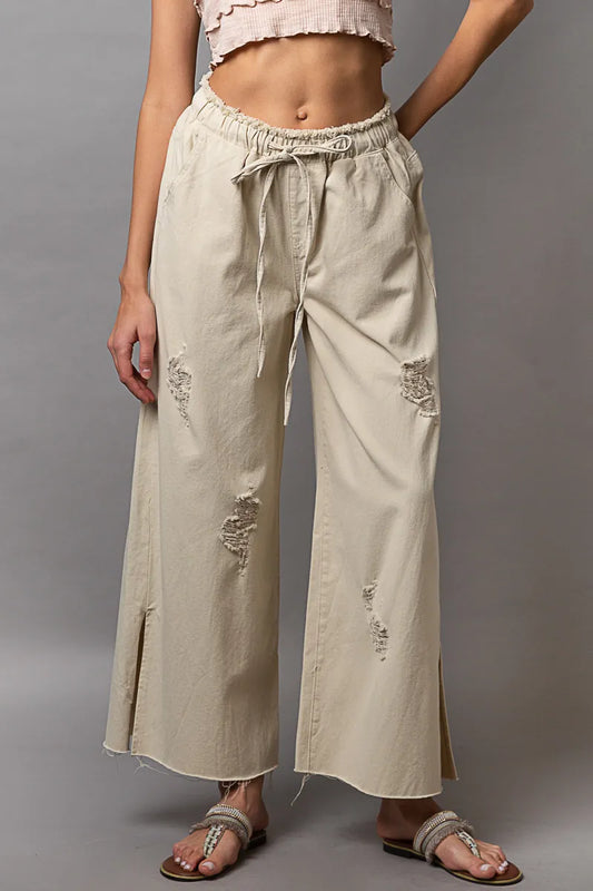 Image of POL Distressed Drawstring Slit Wide leg Pants | Queeble.shop