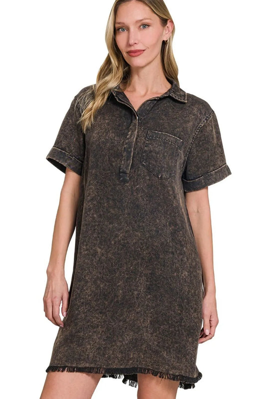 Image of Zenana Tencel Mineral Washed Collared Shirts Dress | Queeble.shop