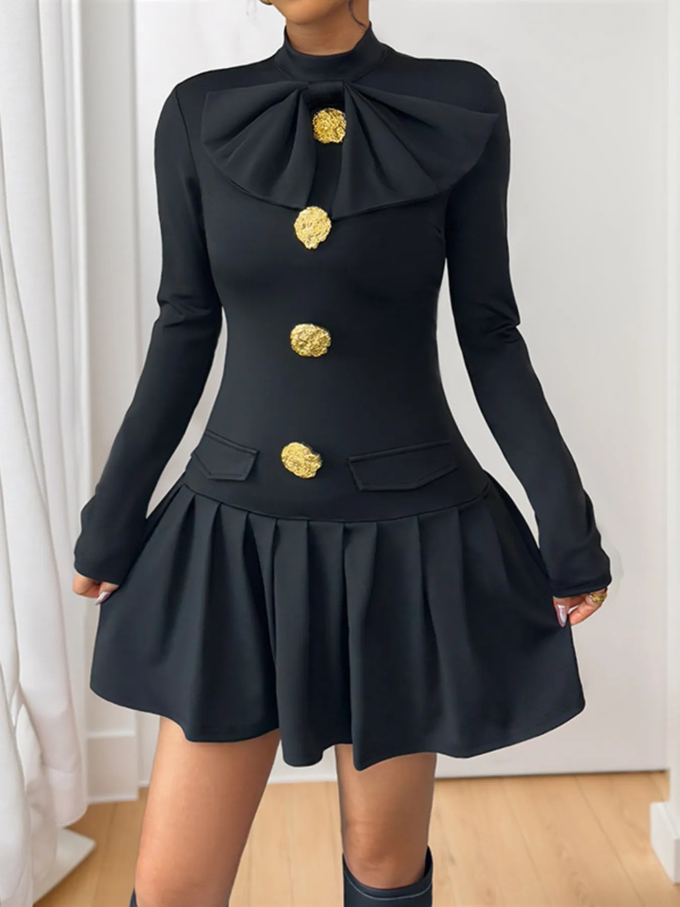 Image of Decorative Button Mock Neck Long Sleeve Mini Dress | Queeble.shop