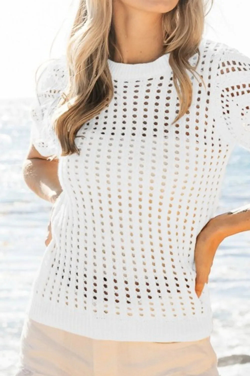 Image of BiBi Crochet Knit Cover Up With Puff Sleeves | Queeble.shop