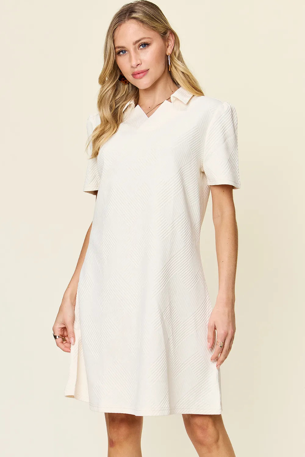 Image of Double Take Full Size Texture Collared Neck Short Sleeve Dress | Queeble.shop
