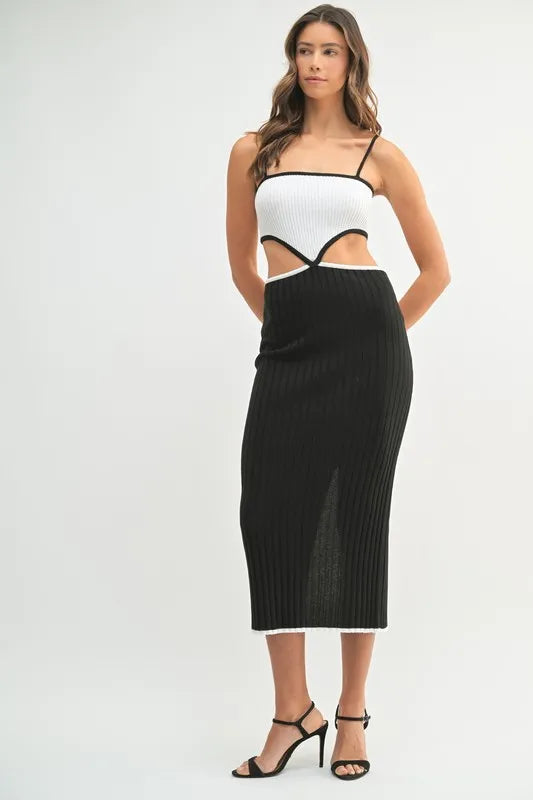 Image of MABLE Ribbed Knit Color Block Cutout Midi Dress | Queeble.shop