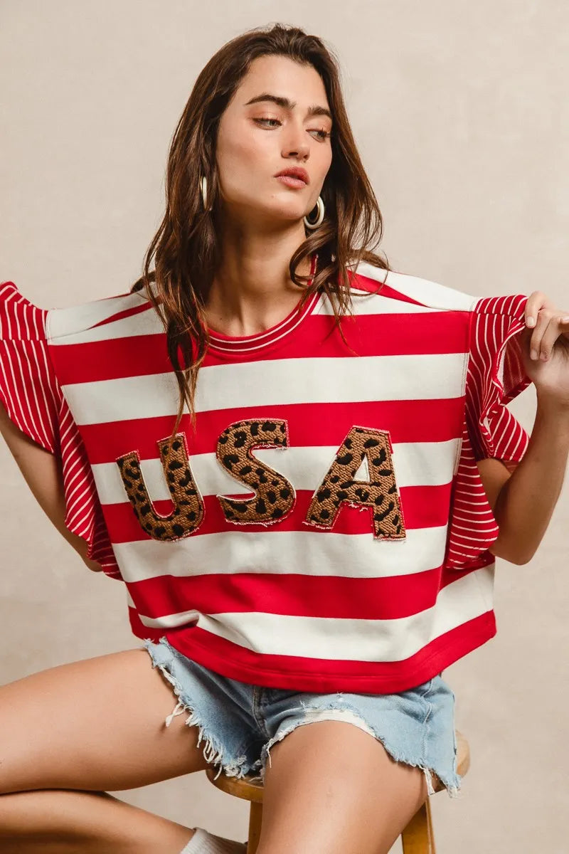 Image of BiBi Stripe Mixed Ruffle Sleeve Top With Leopard Letter | Queeble.shop