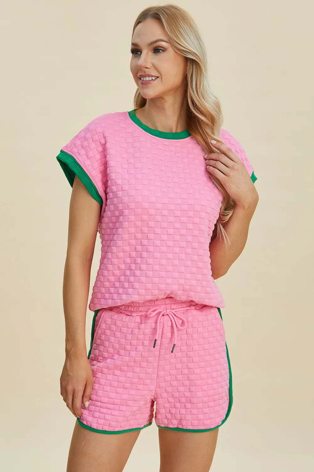 Image of Double Take Full Size Texture Contrast T-Shirt and Shorts Set | Queeble.shop