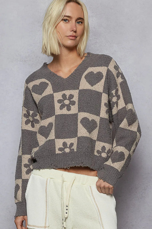 Image of POL V-Neck Heart Pattern Checkered Sweater | Queeble.shop