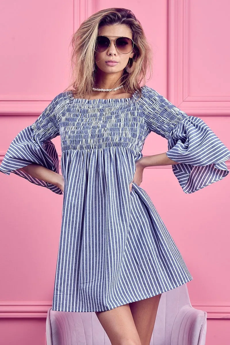 Image of BiBi Smocked Off Shoulder Striped Dress | Queeble.shop