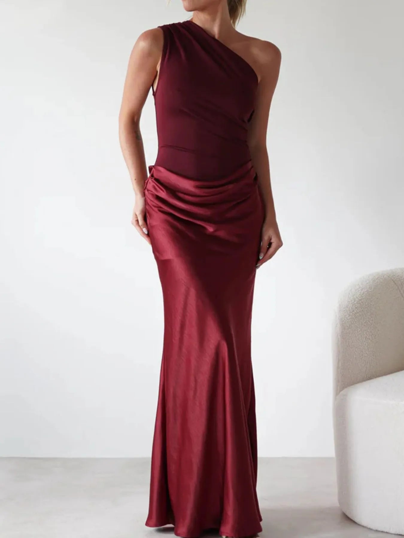 Image of One Shoulder Ruched Bodycon Maxi Dress | Queeble.shop
