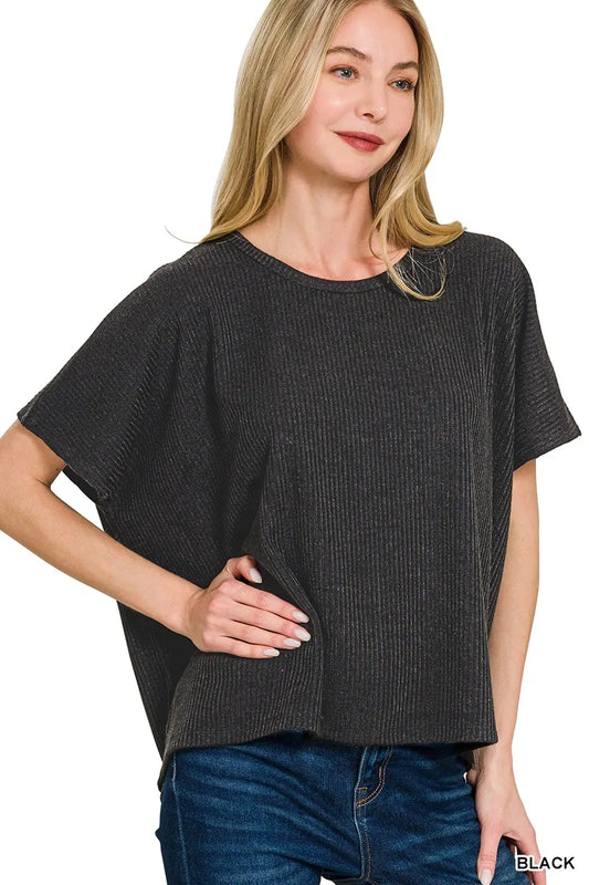 Image of Zenana Ribbed Round-Neck Short-Sleeve Knit Top | Queeble.shop